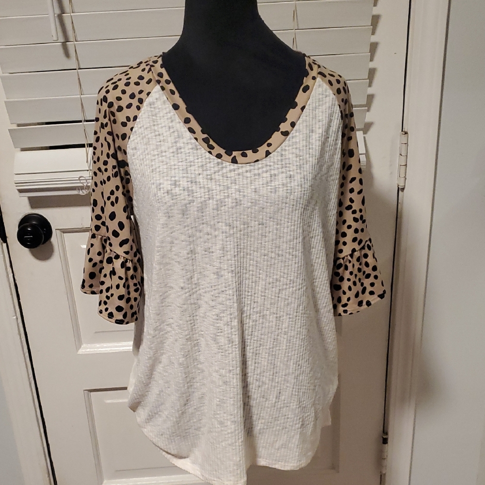 Haptics By Holly Harper Cream and Tan Blouse with Polka Dot Sleeves